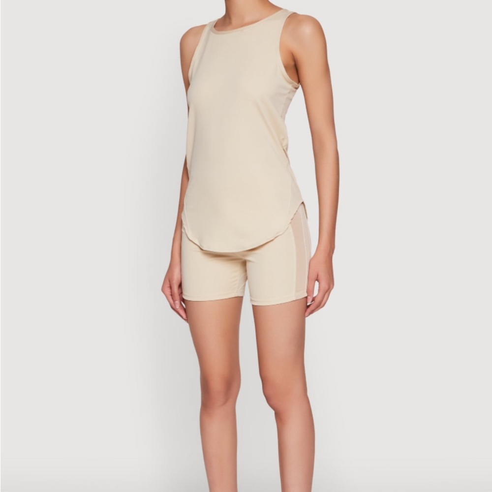 2pc Set-Cream Strappy Back Criss Cross Tank Top and Bike Shorts High waisted